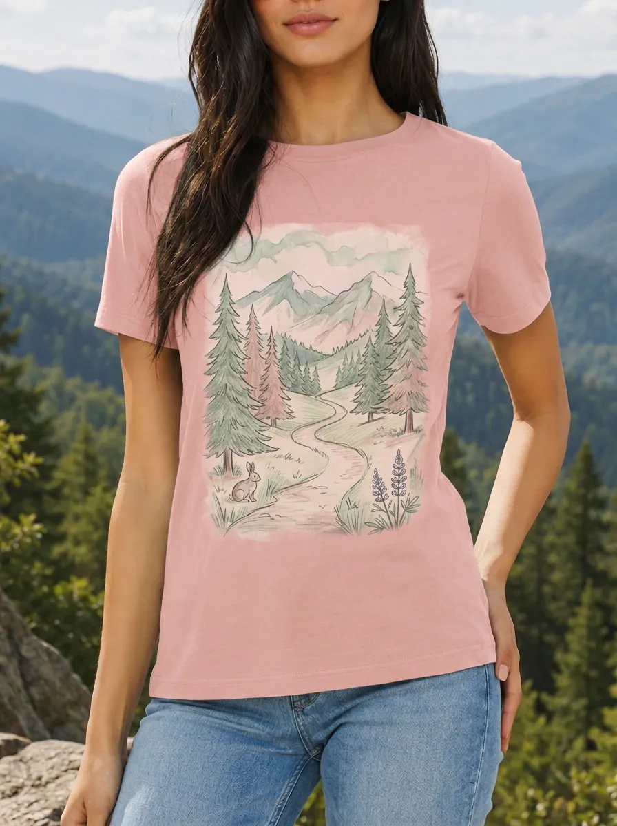 Women's Nature Lover Rabbit Forest Mountain Path Printed T-shirt