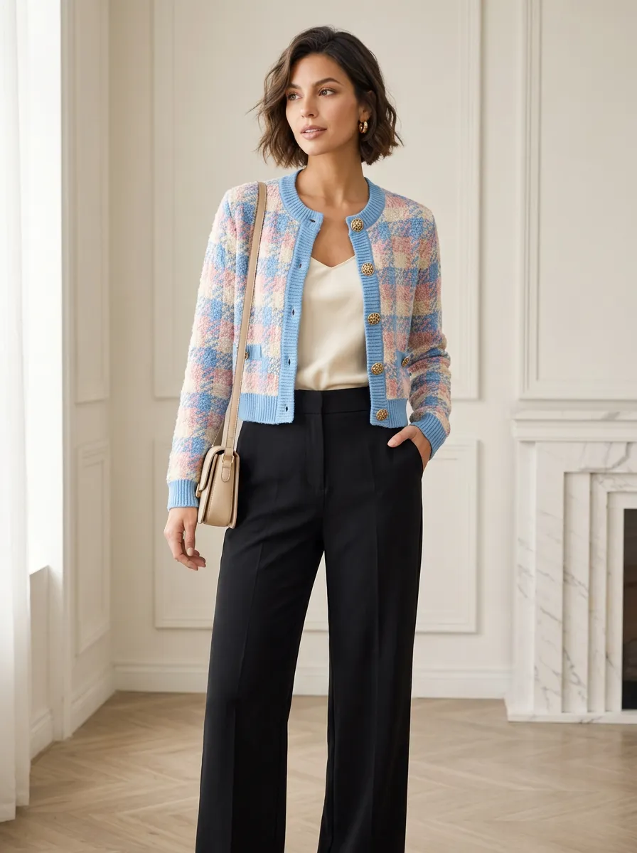 Women's Vintage Style Pastel Plaid Pattern Knitted Cardigan