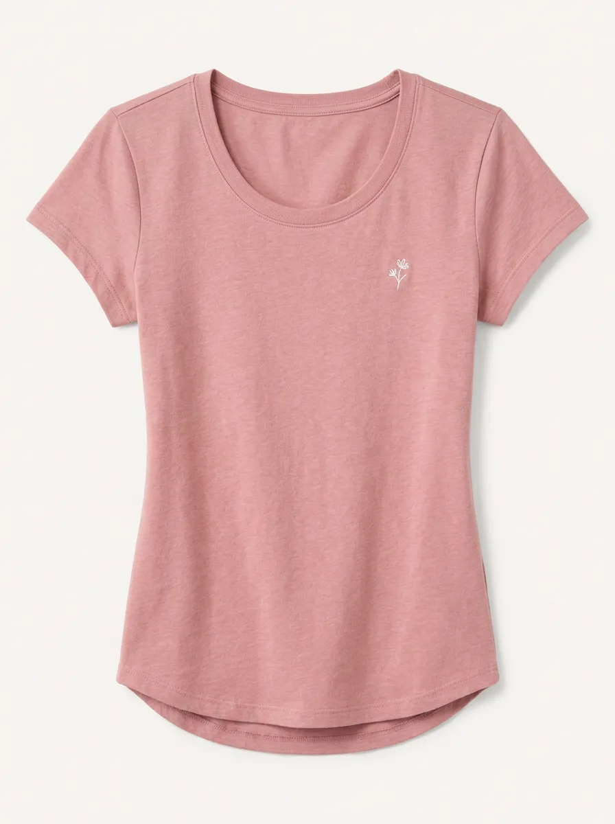 Women's Minimalist Floral Embroidered Pink Printed T-shirt