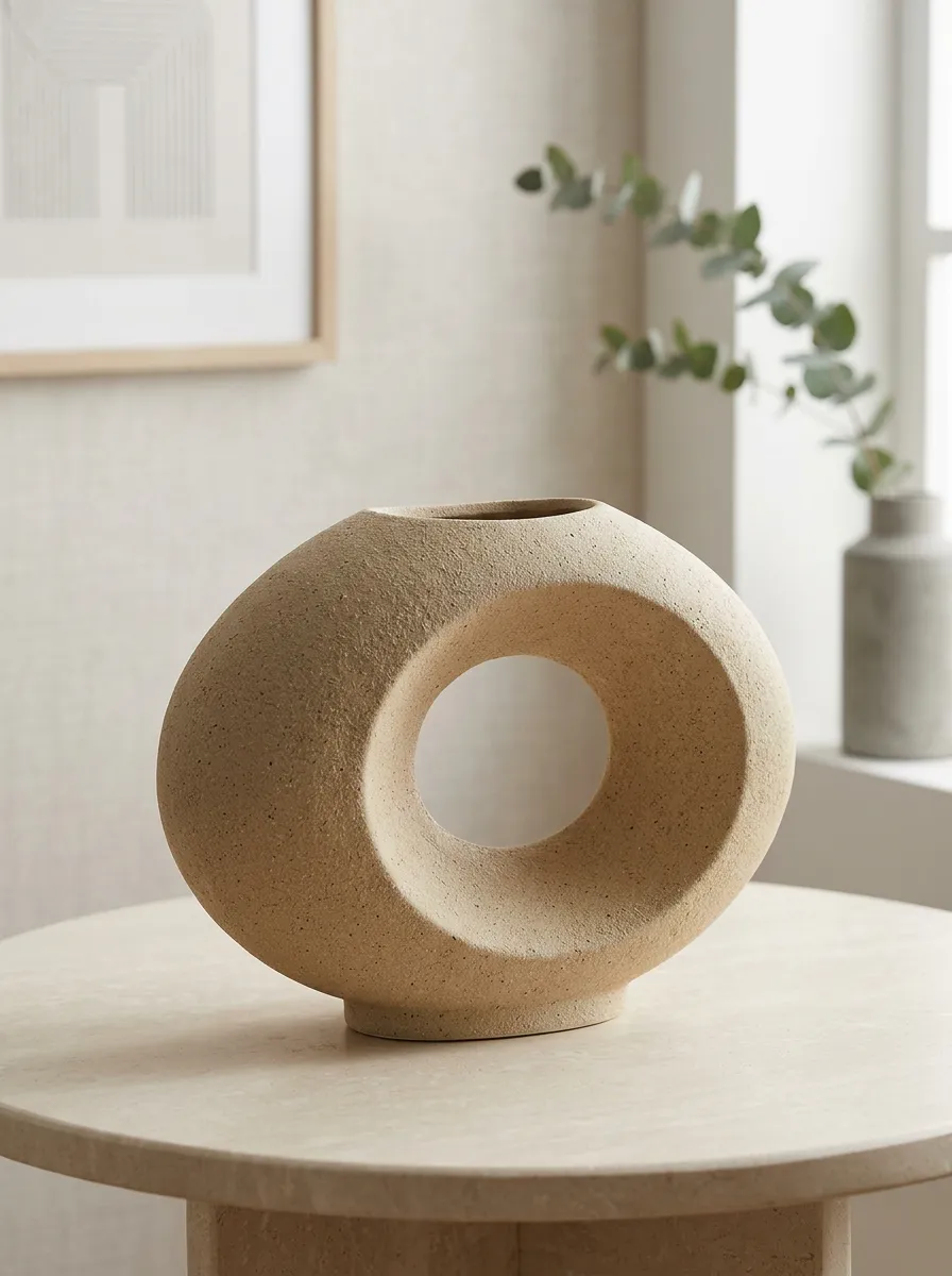 Home Decor Minimalist Beige Textured Donut Ceramic Vase