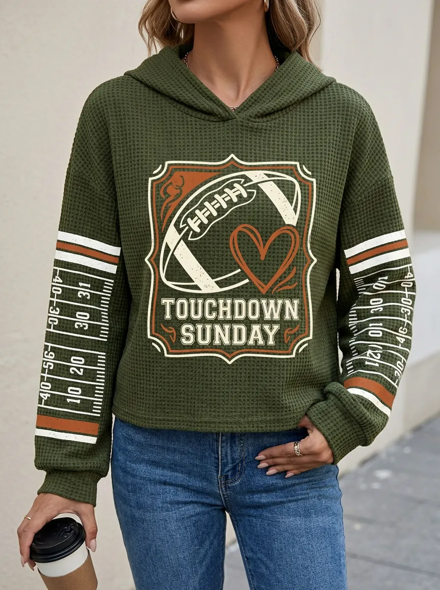 Women's Football Lover Touchdown Sunday Heart Printed Waffle Hoodie