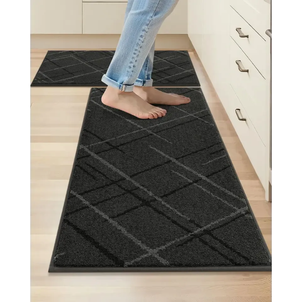 Abstract Plaid Kitchen Rug Set