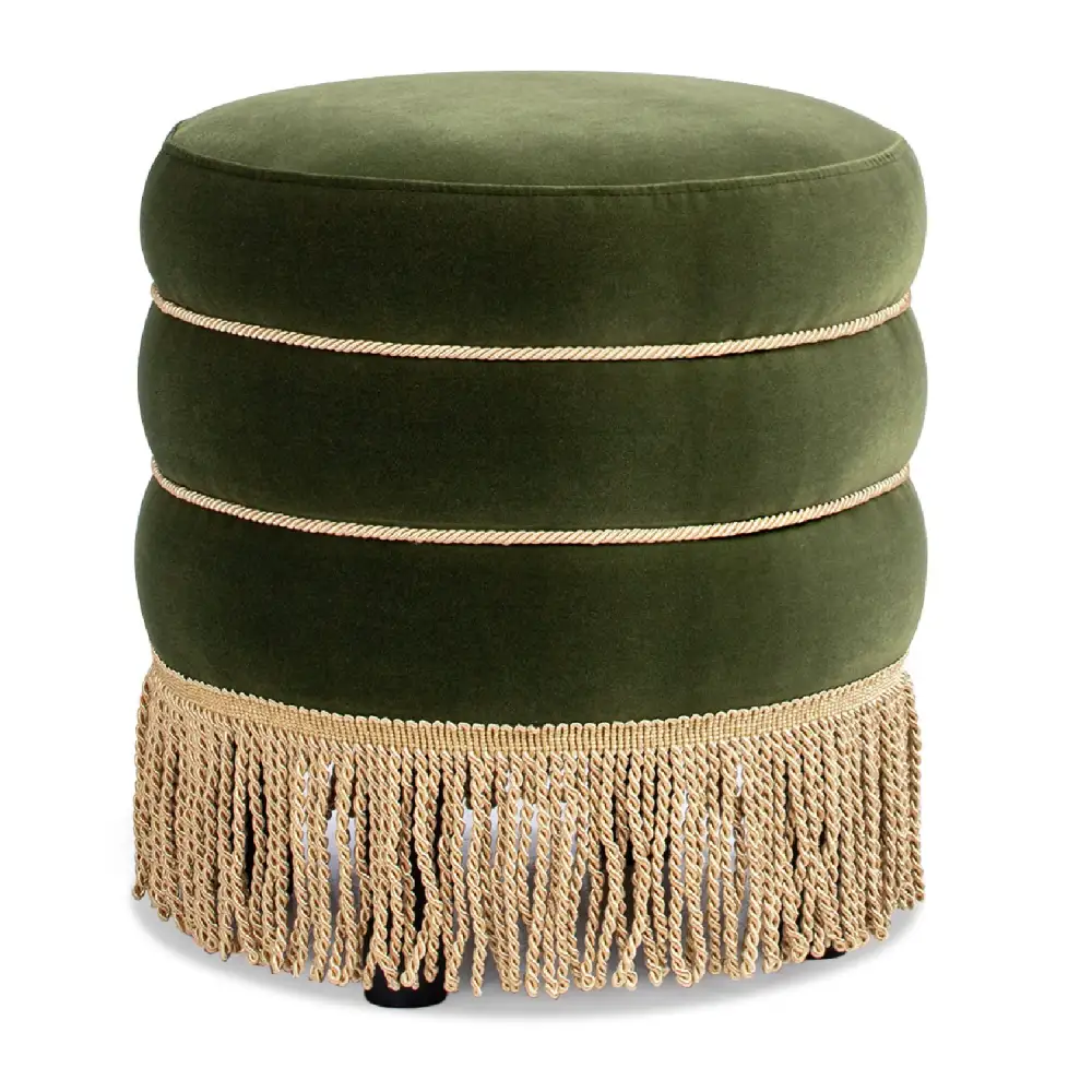 Velvet Round Ottoman with Bullion Fringe