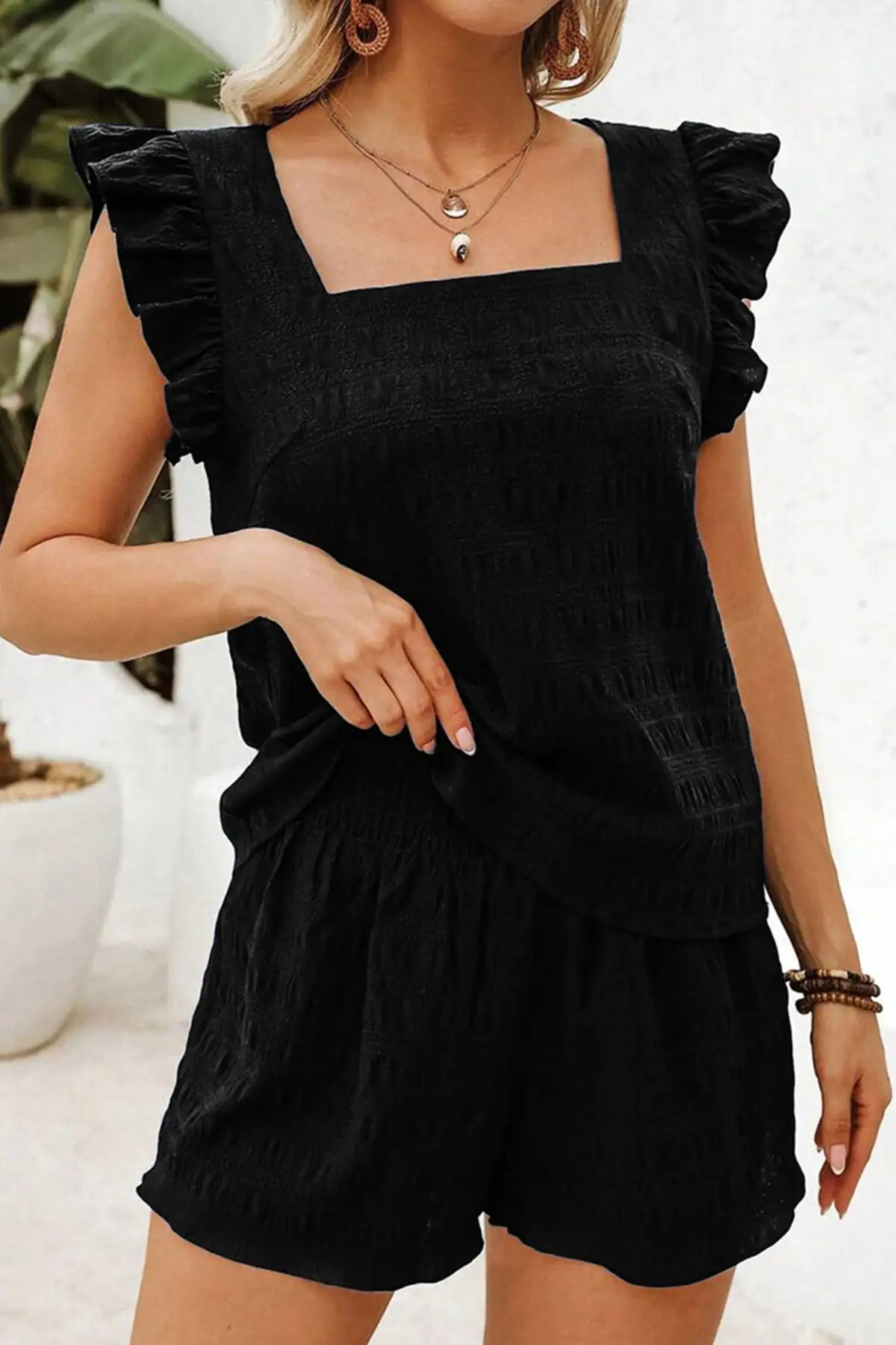 High-Waist Shirred-Waist Textured Two-Piece Top and Shorts Set