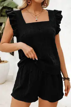 High-Waist Shirred-Waist Textured Two-Piece Top and Shorts Set