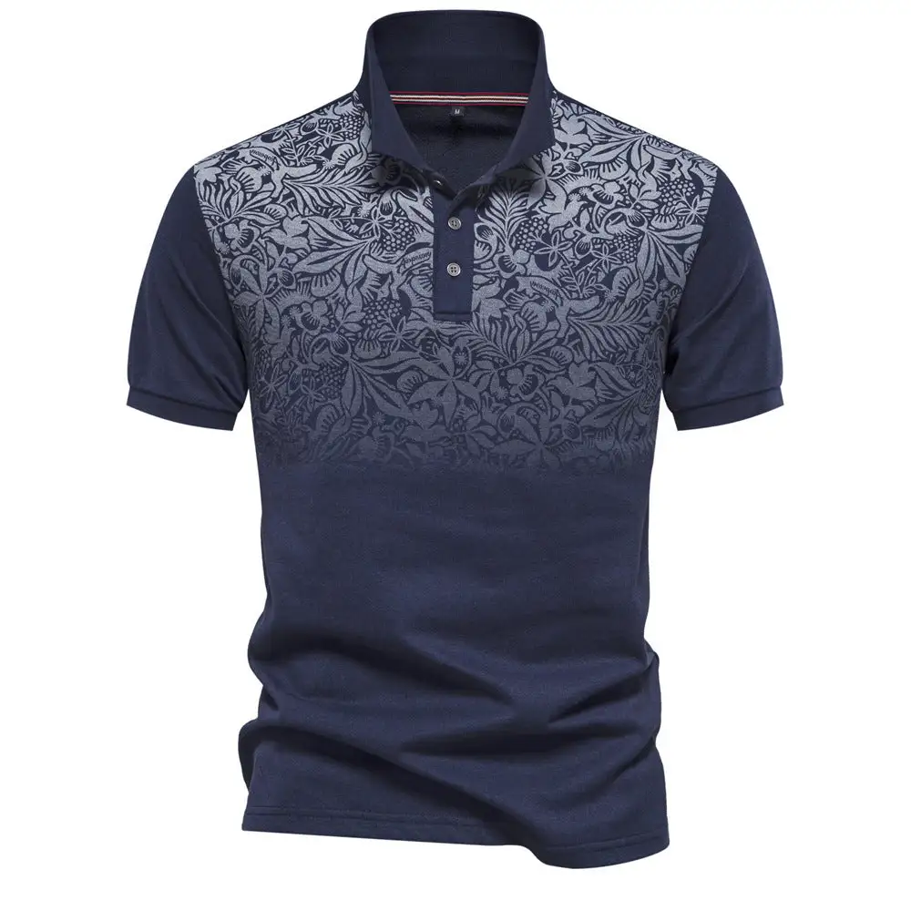 Men's Polo Shirt With Floral Gradient Pattern Classic Collar And Subtle Button Placket
