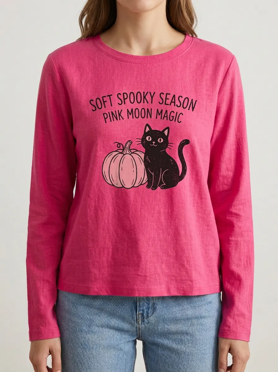 Cat Halloween Cotton Linen Long Sleeve Top