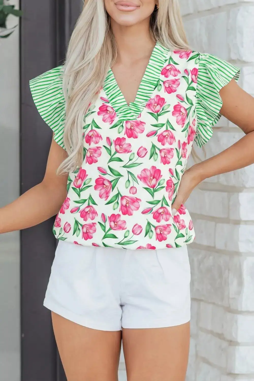 Floral Print Striped Ruffle Trim V Neck