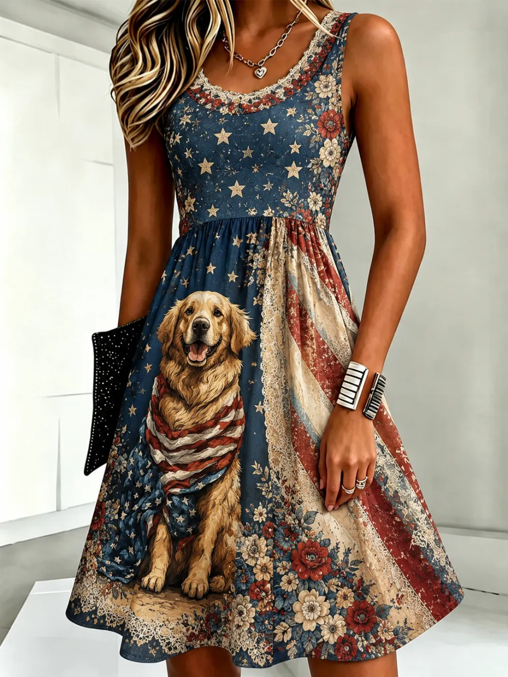 Women's Patriotic Golden Retriever Dog USA Flag Floral Sleeveless Sundress