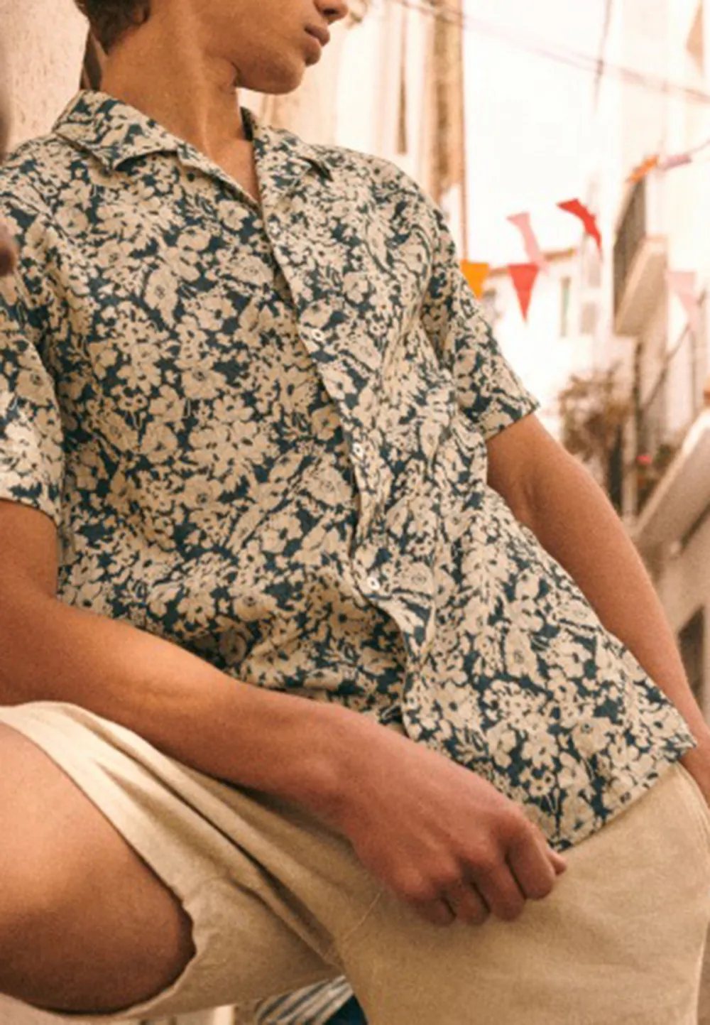 Light Orange Floral Print Short Sleeve Cotton Shirt