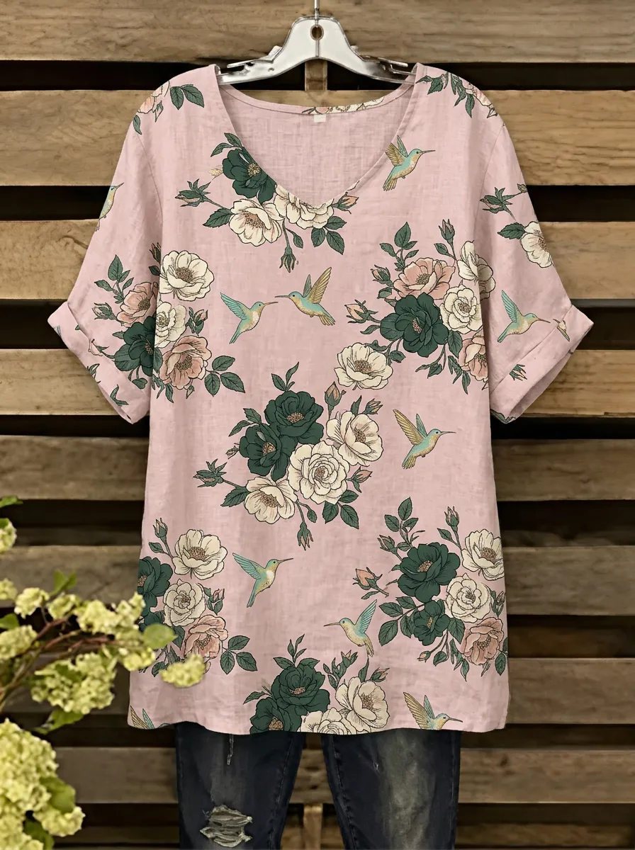 Floral Nature V-Neck Women's Loose Printed Blouse