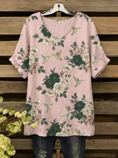 Floral Nature V-Neck Women's Loose Printed Blouse