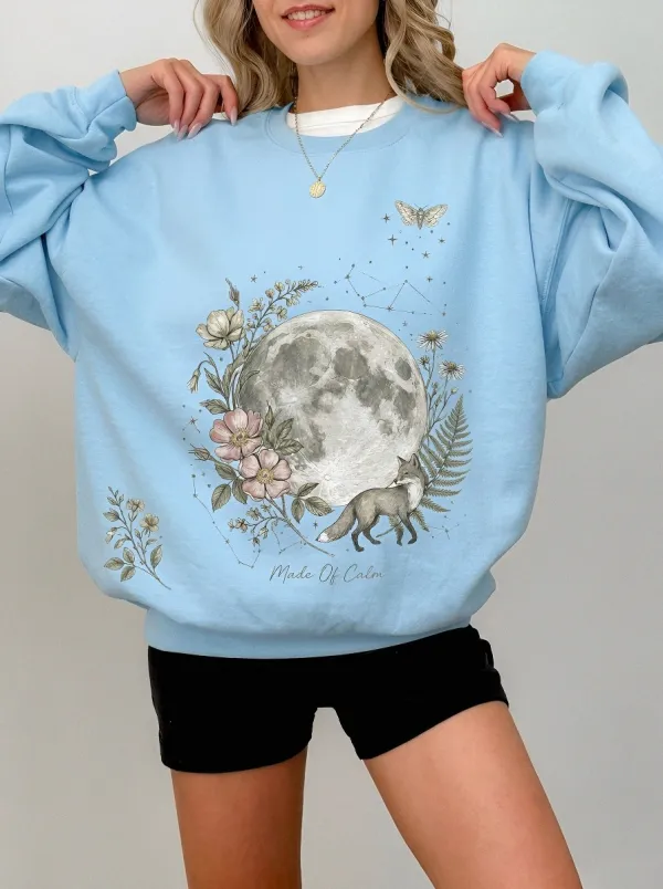 Women's Celestial Nature Lover Moon Fox Floral Printed Sweatshirt