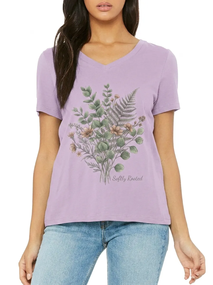 Women's Softly Rooted Botanical Flower Fern Printed V-neck T-shirt