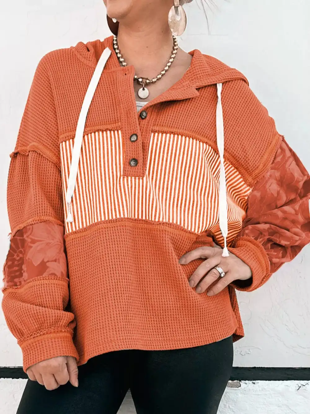 Refined Drawstring Buttoned Waffle-Textured Knit Hoodie