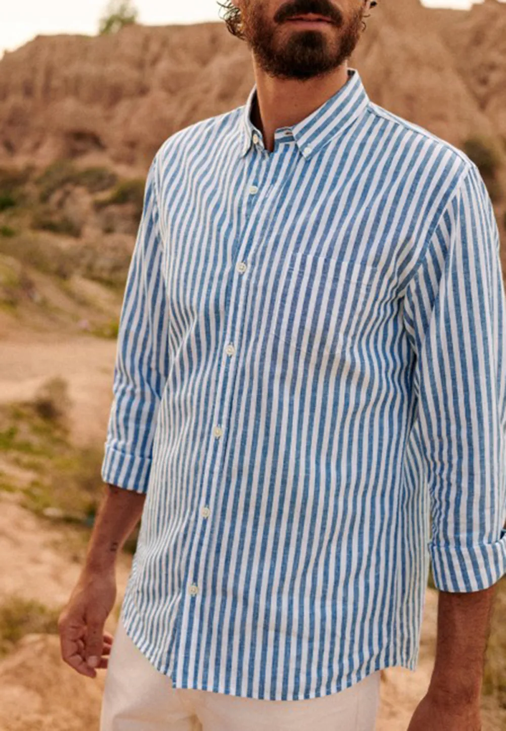 White Blue Vertical Stripe Cotton Linen Blend Shirt