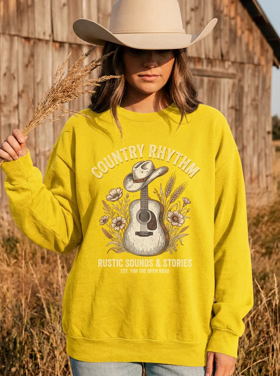 Guitar Cowboy-Hat Floral Women's Country Music Crew Neck Sweatshirt