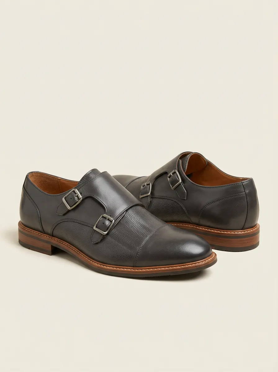 Men's Business Formal Textured Double Monk Strap Printed Leather Shoes