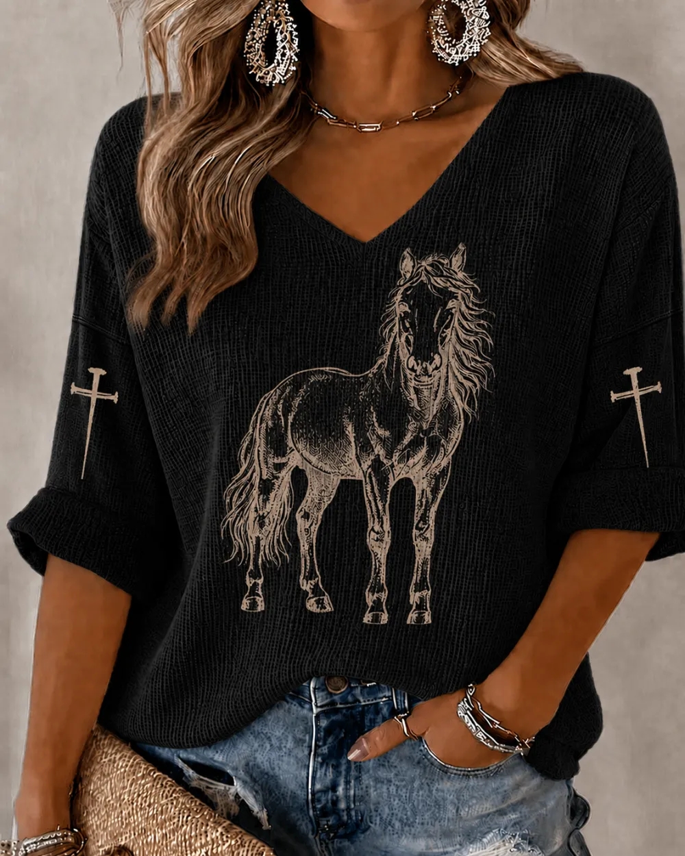 Women'S Casual Western Style Horse Retro Printed Top