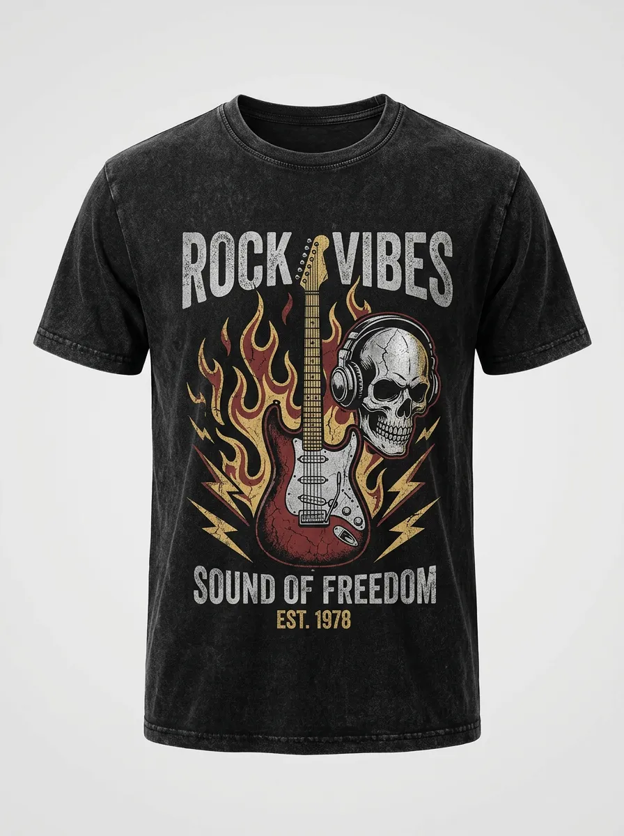 Men's Rock Music Lover Skull Guitar Fire Printed T-shirt
