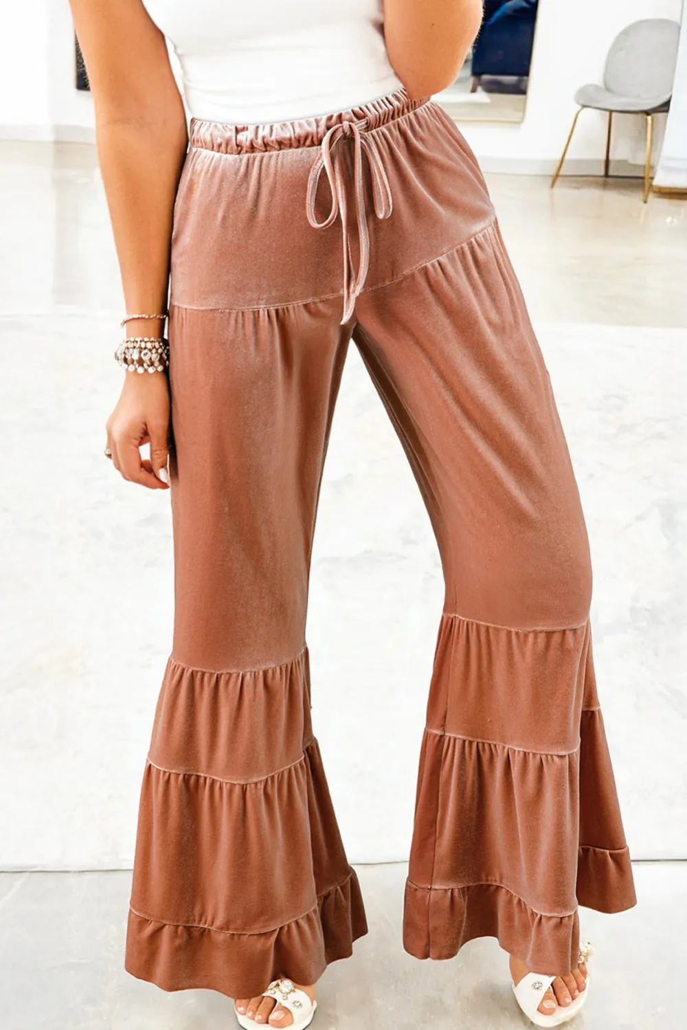 Lace Detail High Waist Flared Tiered Casual Pants