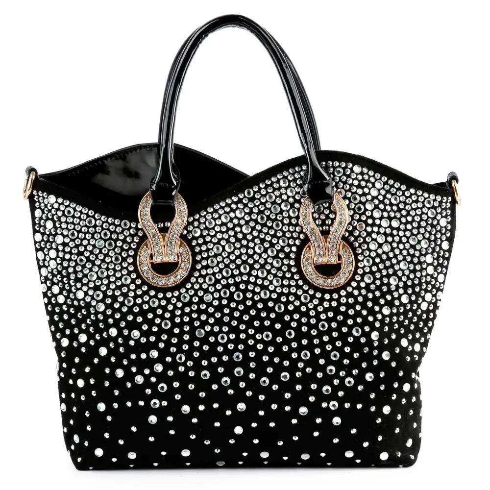 Relaxed Detail Crystal Accent Pocketed Faux Leather Tote Bag