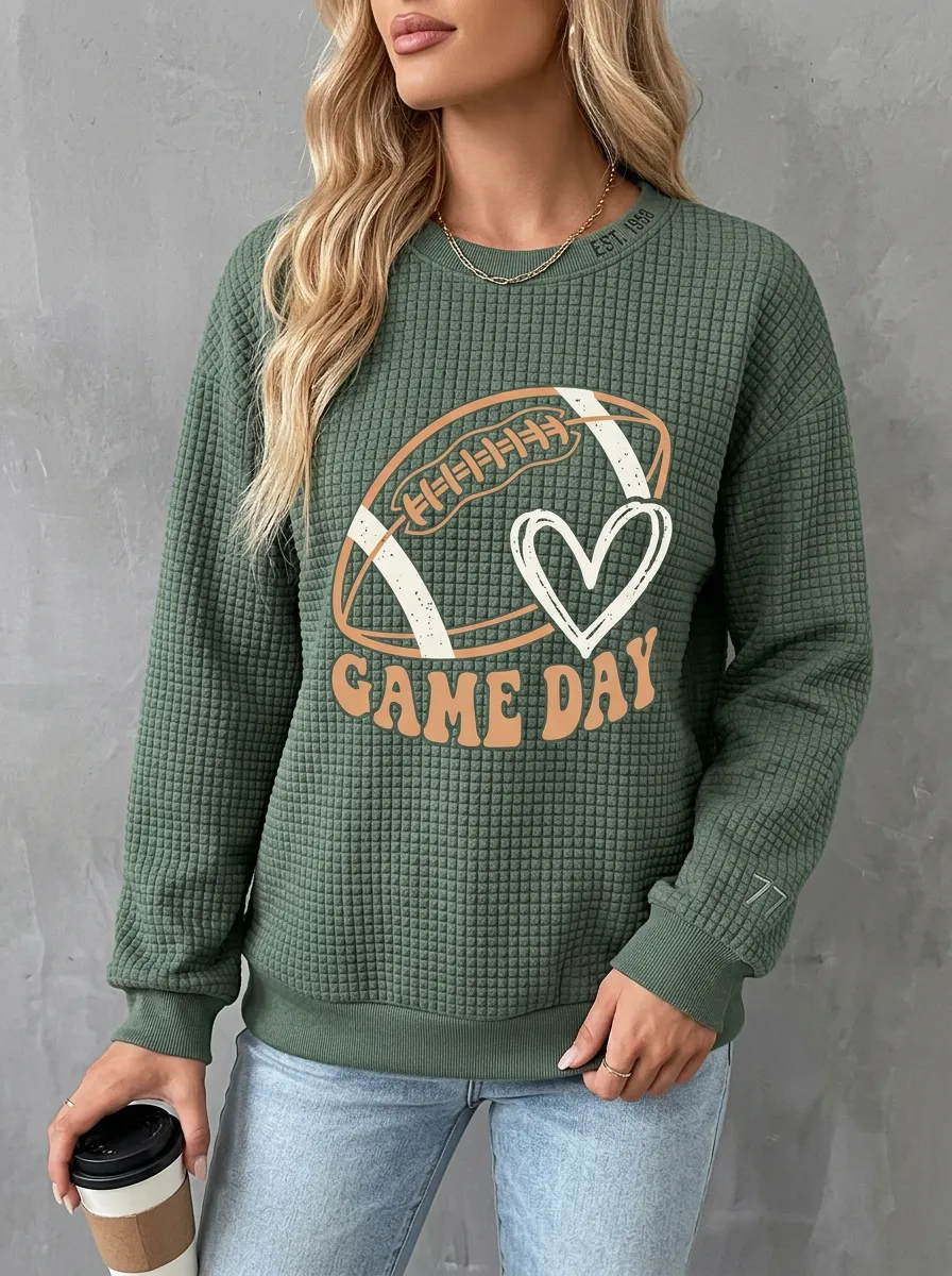 Women's Heritage Football Game Day Heart Printed Waffle Knit Sweatshirt