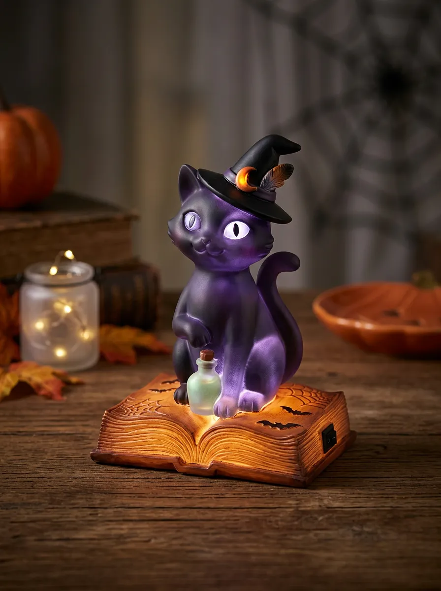 Halloween Witch Cat Sitting on Spellbook LED Table Lamp