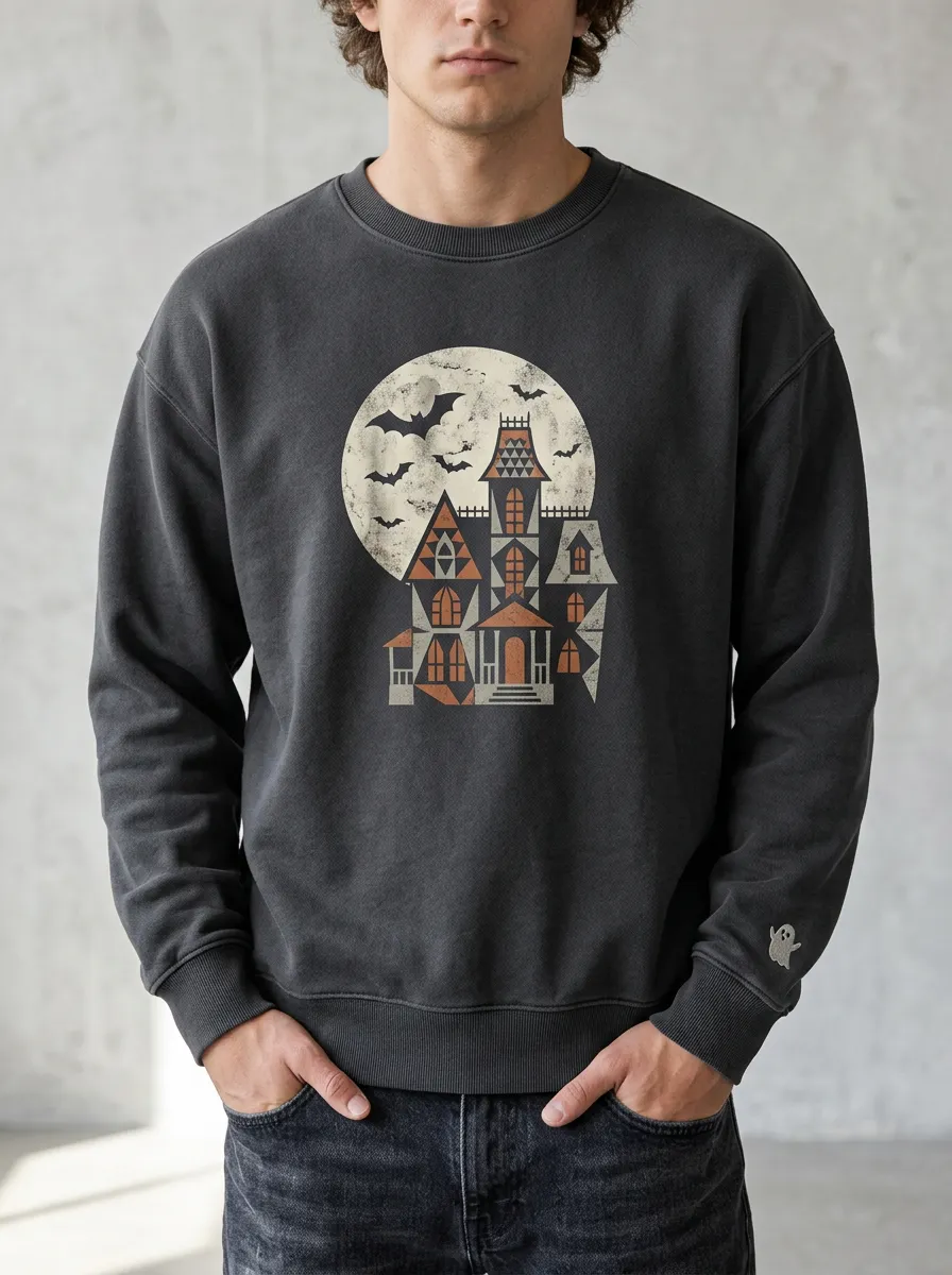 Men's Halloween Haunted House Moon Bats Sweatshirt