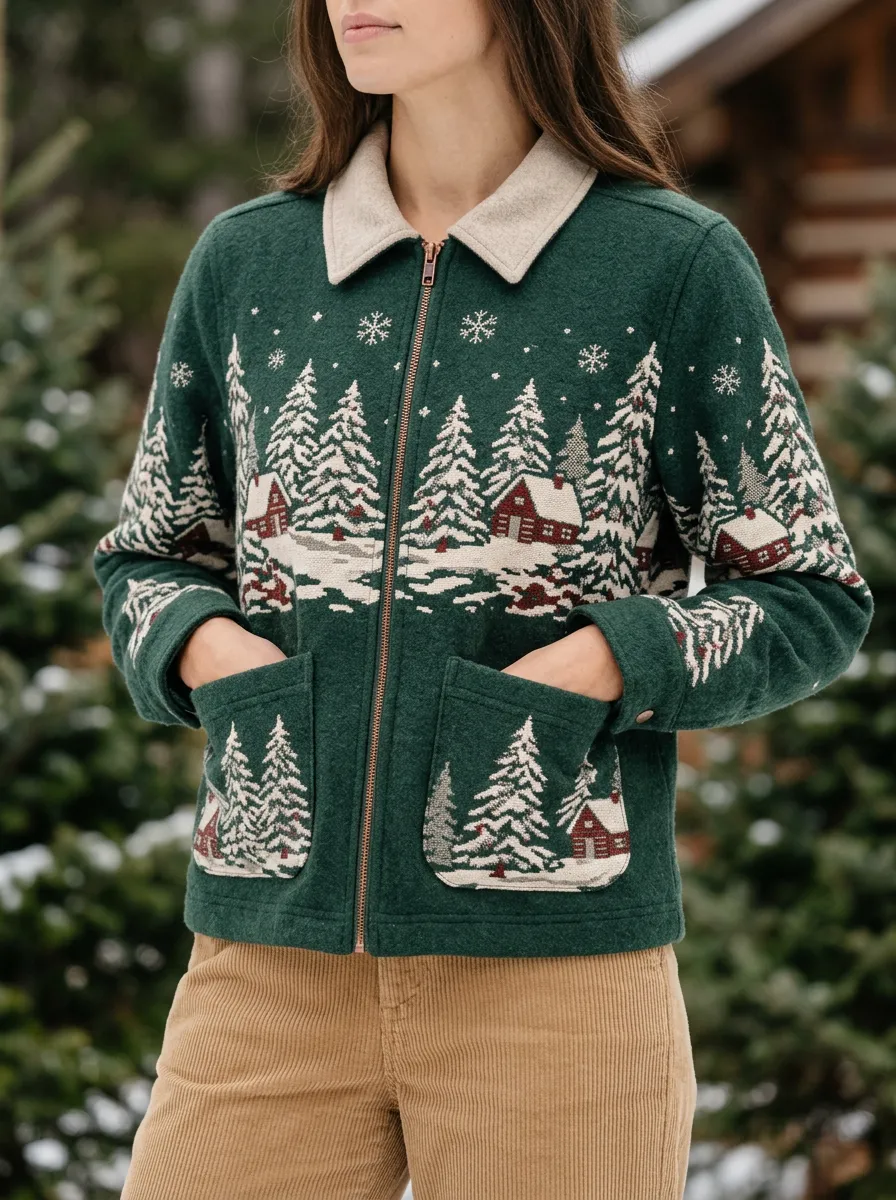Christmas Holiday Cabin Pine Tree Print Jacket