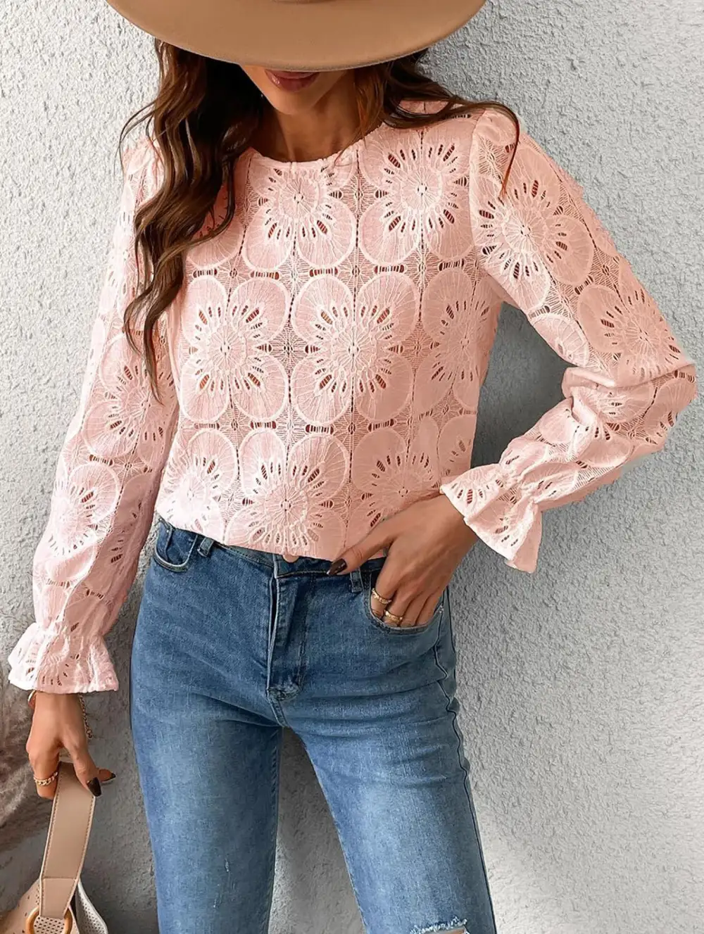 Openwork Lace Long Sleeve Blouse