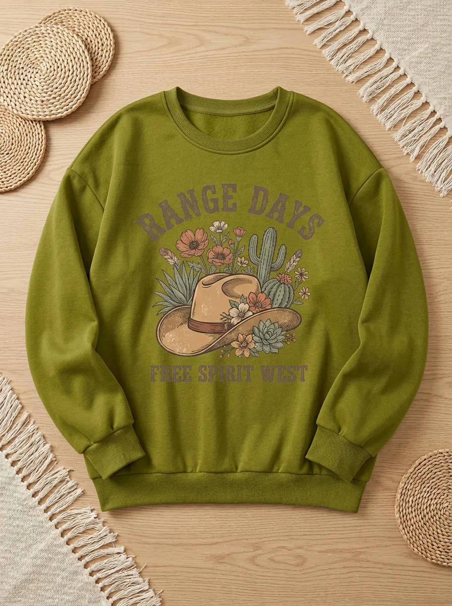 Women's Western Cowboy Hat Floral Cactus Printed Sweatshirt