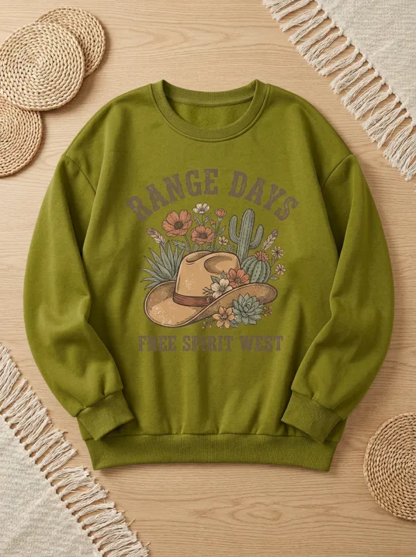 Women's Western Cowboy Hat Floral Cactus Printed Sweatshirt
