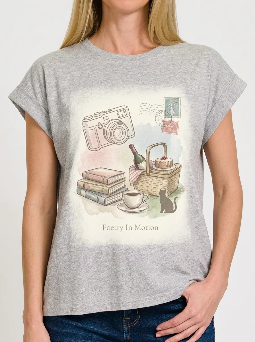 Women's Aesthetic Hobby Poetry In Motion Camera Picnic Printed T-shirt