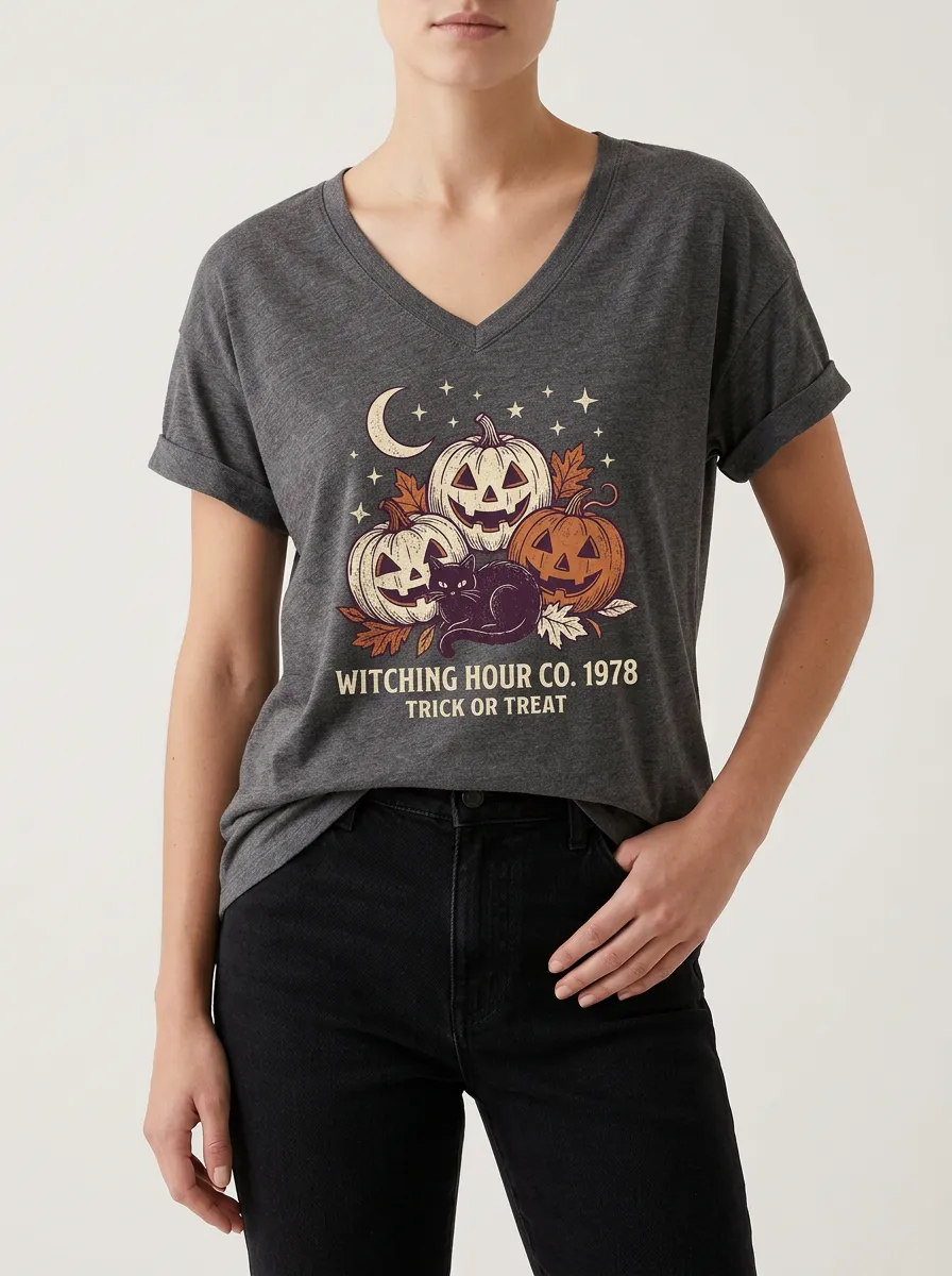 Women's Halloween Pumpkin Cat Witching Hour Printed V-neck T-shirt