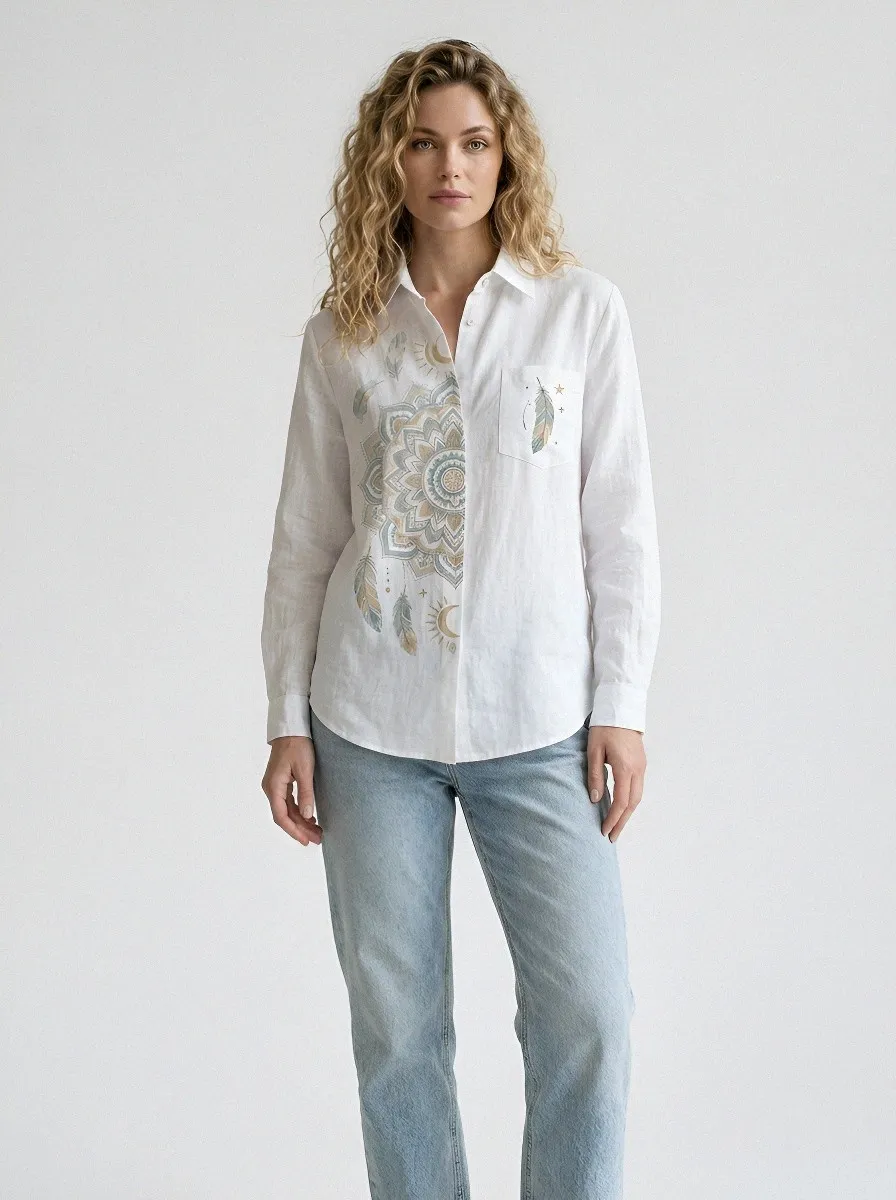 Women's Boho Mandala Feather Printed Button Down Shirt