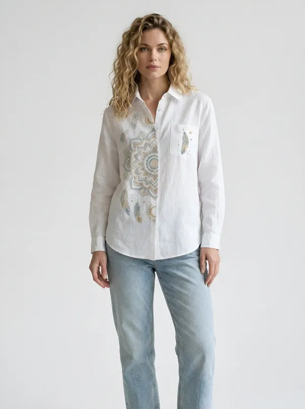 Women's Boho Mandala Feather Printed Button Down Shirt