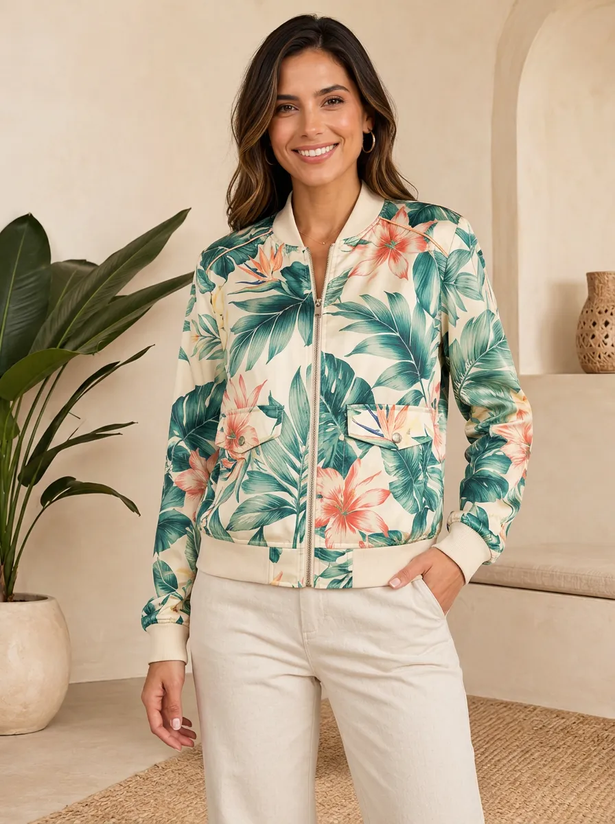Women's Tropical Floral Leaf Ribbed Trim Bomber Jacket