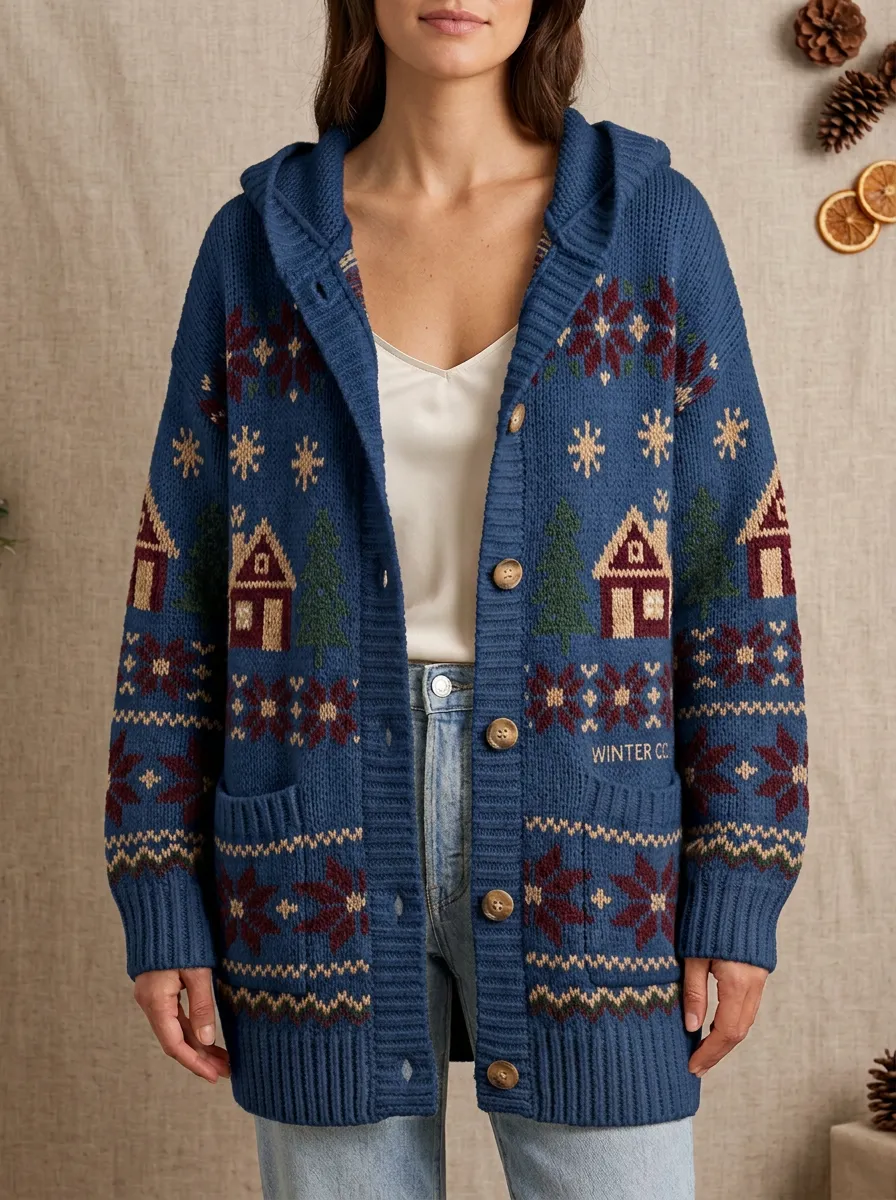 Christmas Village Snowflake Pattern Knit Hooded Cardigan