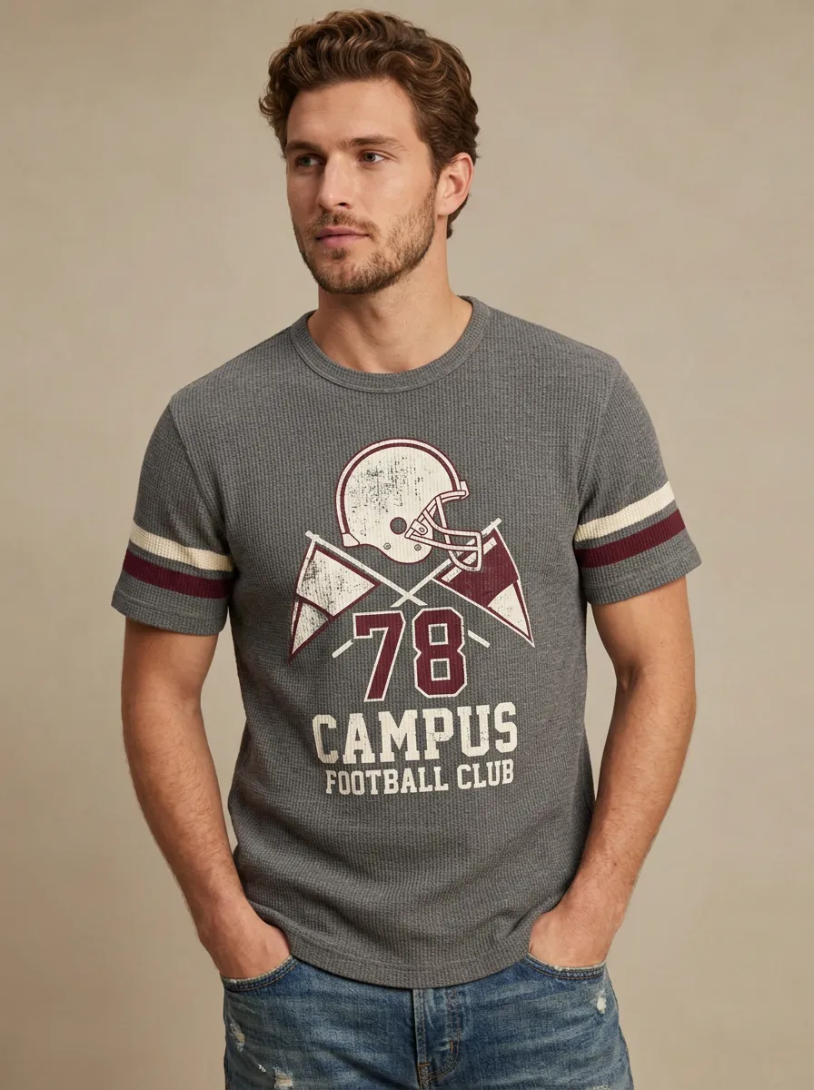 Men's Campus Football Lover 78 Helmet Printed Waffle T-shirt