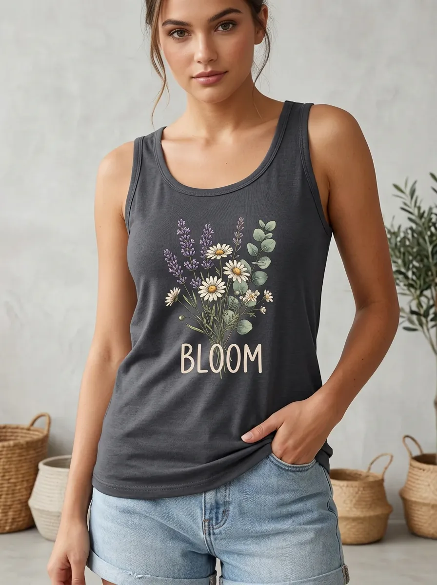 Floral Bloom Lavender Daisy Ribbed Tank Top