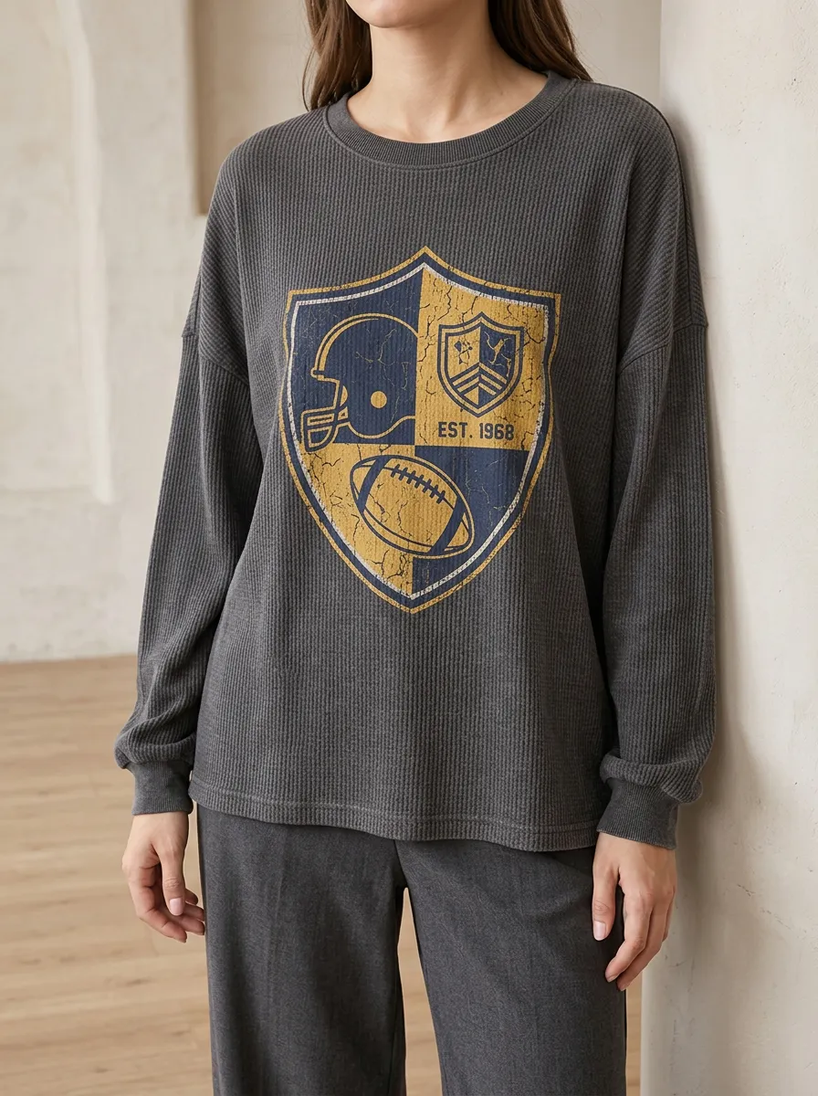 Women's Football Fan Shield Logo Printed Waffle Long Sleeve Top