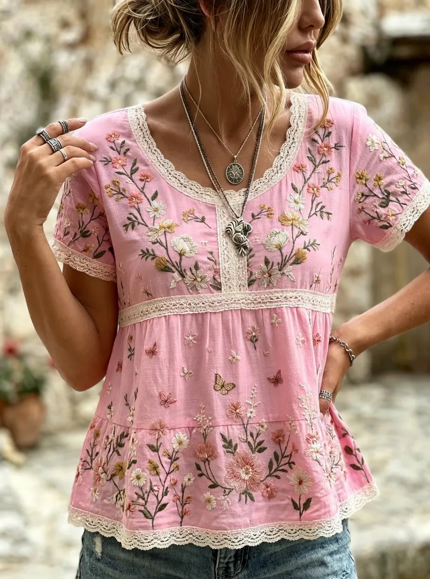 Women's Floral Butterfly Boho Embroidered Printed T-shirt
