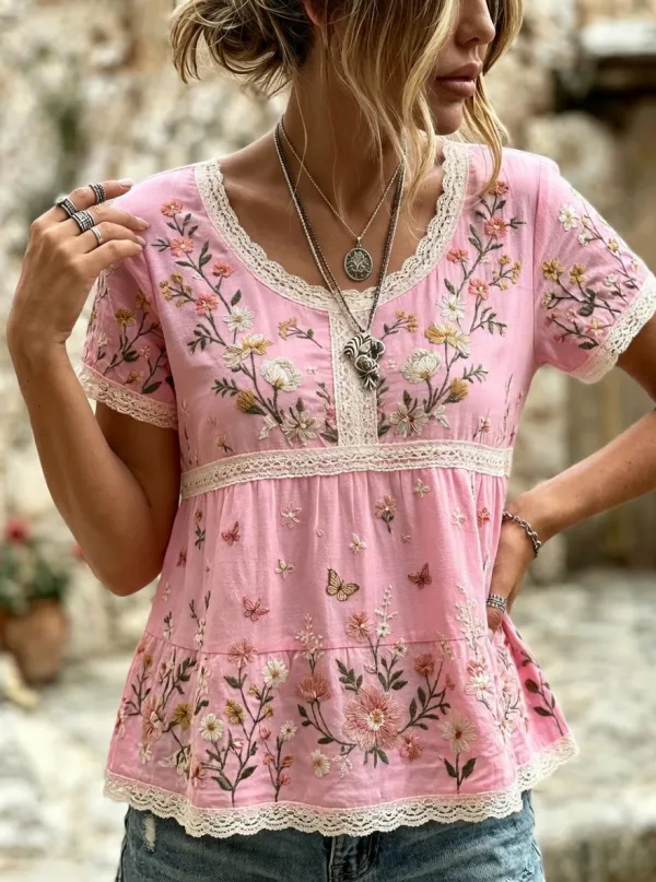Women's Floral Butterfly Boho Embroidered Printed T-shirt