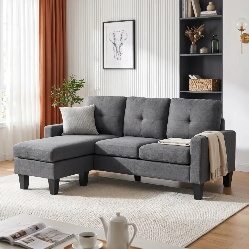 Triple Seat Ottoman Linen Sofa With Ottoman