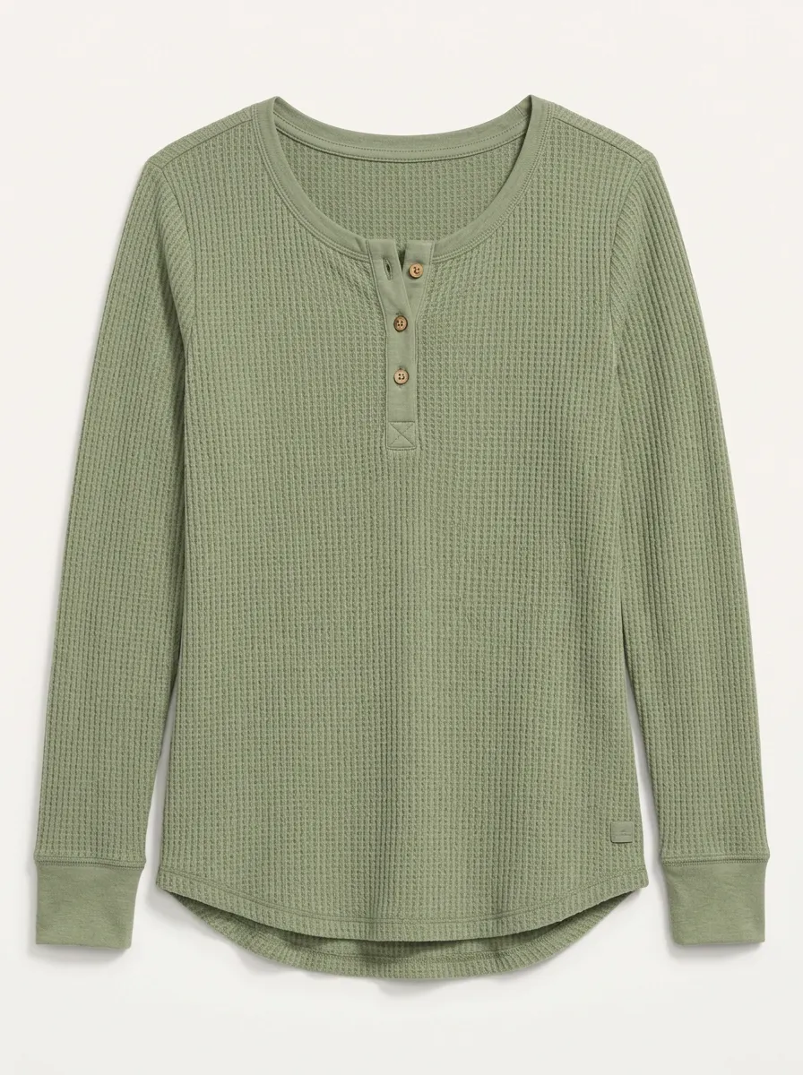 Women's Sage Green Waffle Knit Button-Front Henley Top