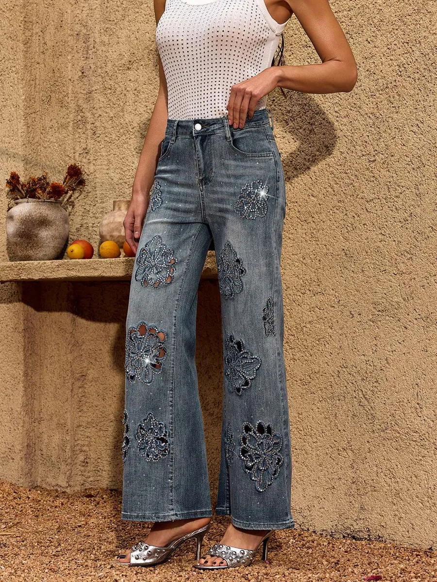 Lavinia Flower Rhinestone Straight Jeans