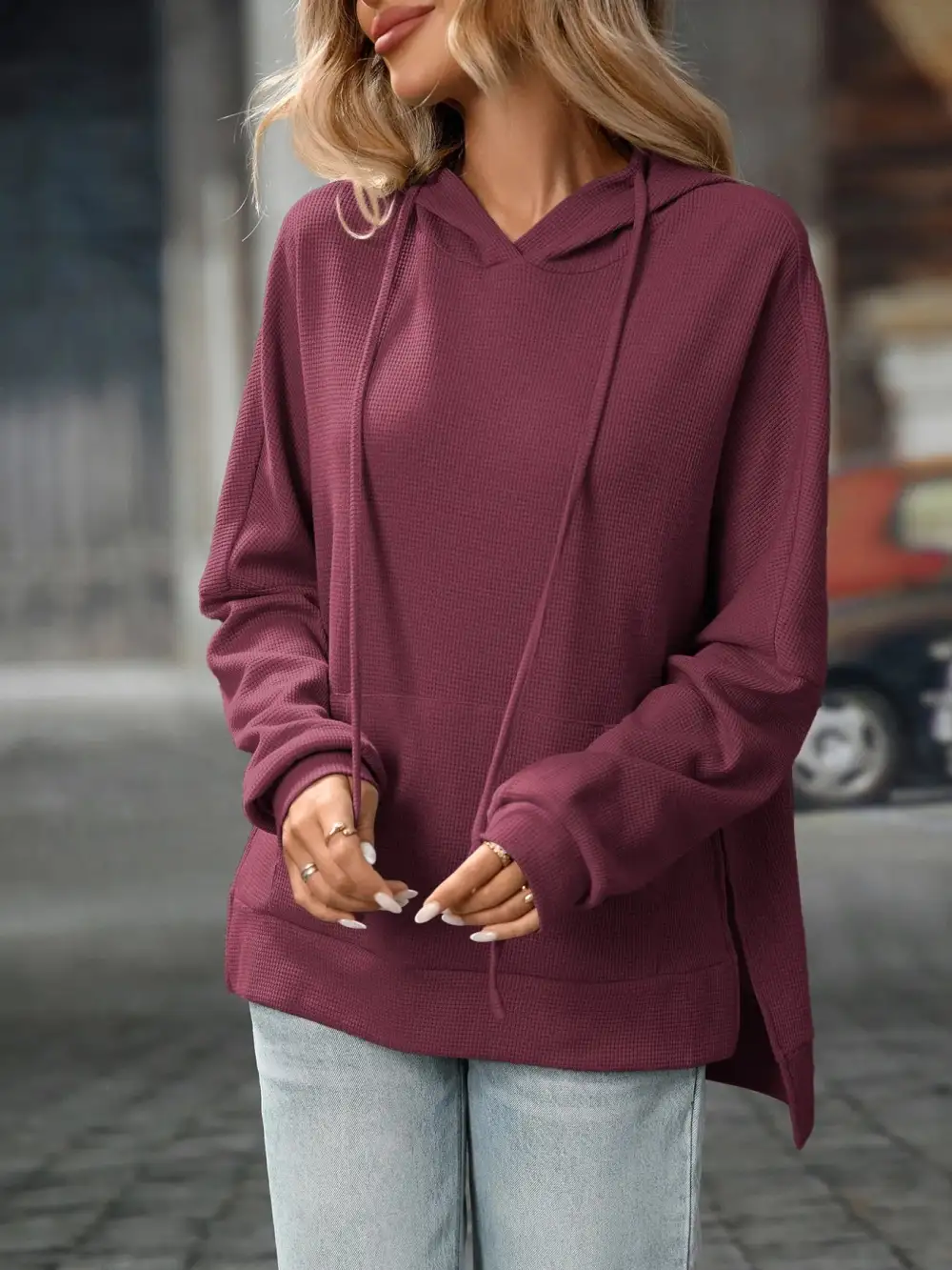 Refined Drawstring Pocketed Long-Sleeve Textured Hoodie