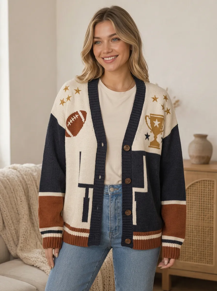 Women's Bold Gridiron Trophy Star Ball Knit Cardigan
