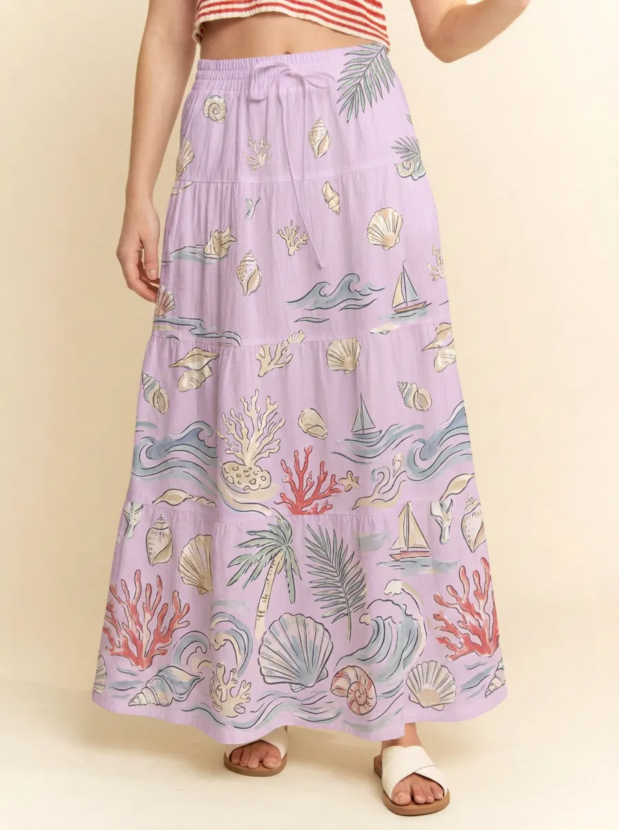 Women's Beach Lover Seashell Ocean Palm Printed Maxi Skirt